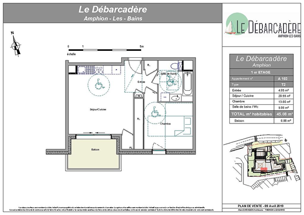 Publier, Le Débarcadère, Appartement de standing T2 A103, 45,03m2 Publier, Le Débarcadère, Appartement de standing T2 A103, 45,03m2